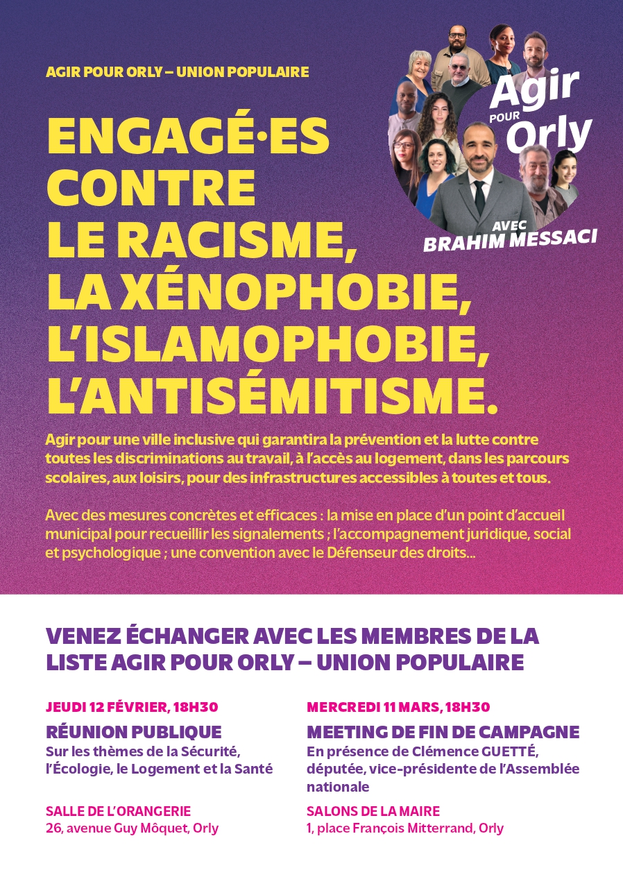 Flyer antiracisme - Réunion Publique - 11 Mars 2026 - Salon Mairie, Orly